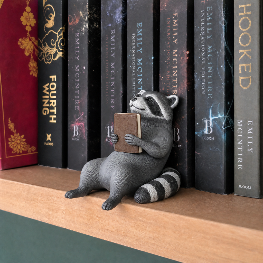 Whimsical Reading Raccoon Shelf Sitter-HandPrint