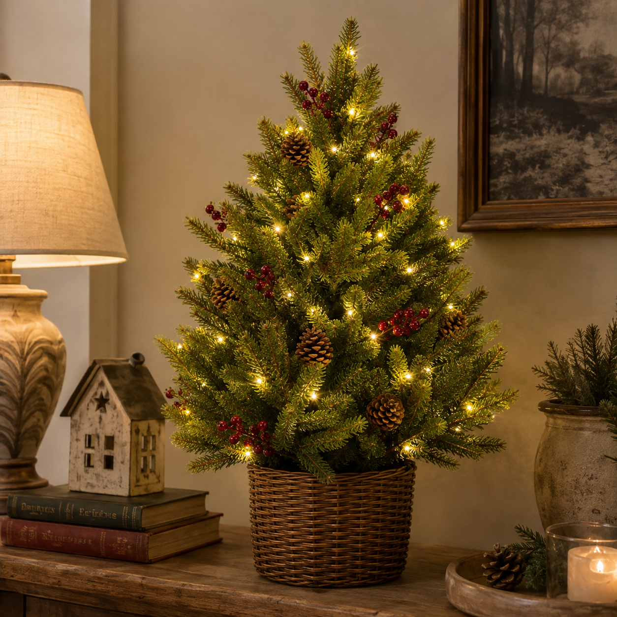 24-Inch Pre-Lit Christmas Tree with Woven Basket-HandPrint