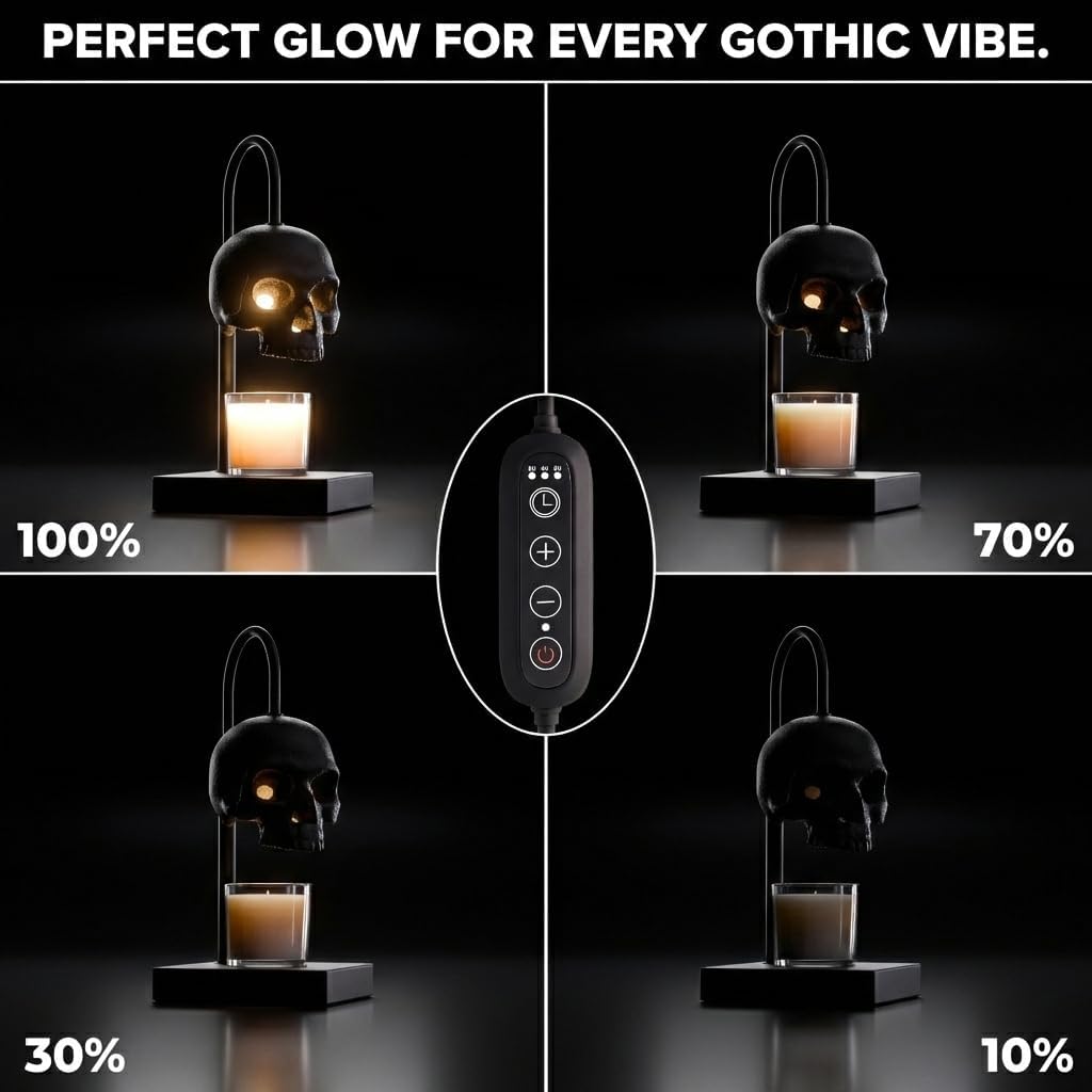 💀Skull Candle Warmer Lamp with Timer and Dimmer *Candles NOT Included – Black Gothic Candle Lamp Warmer w/Adjustable Height, 2 Light Bulbs-HandPrint