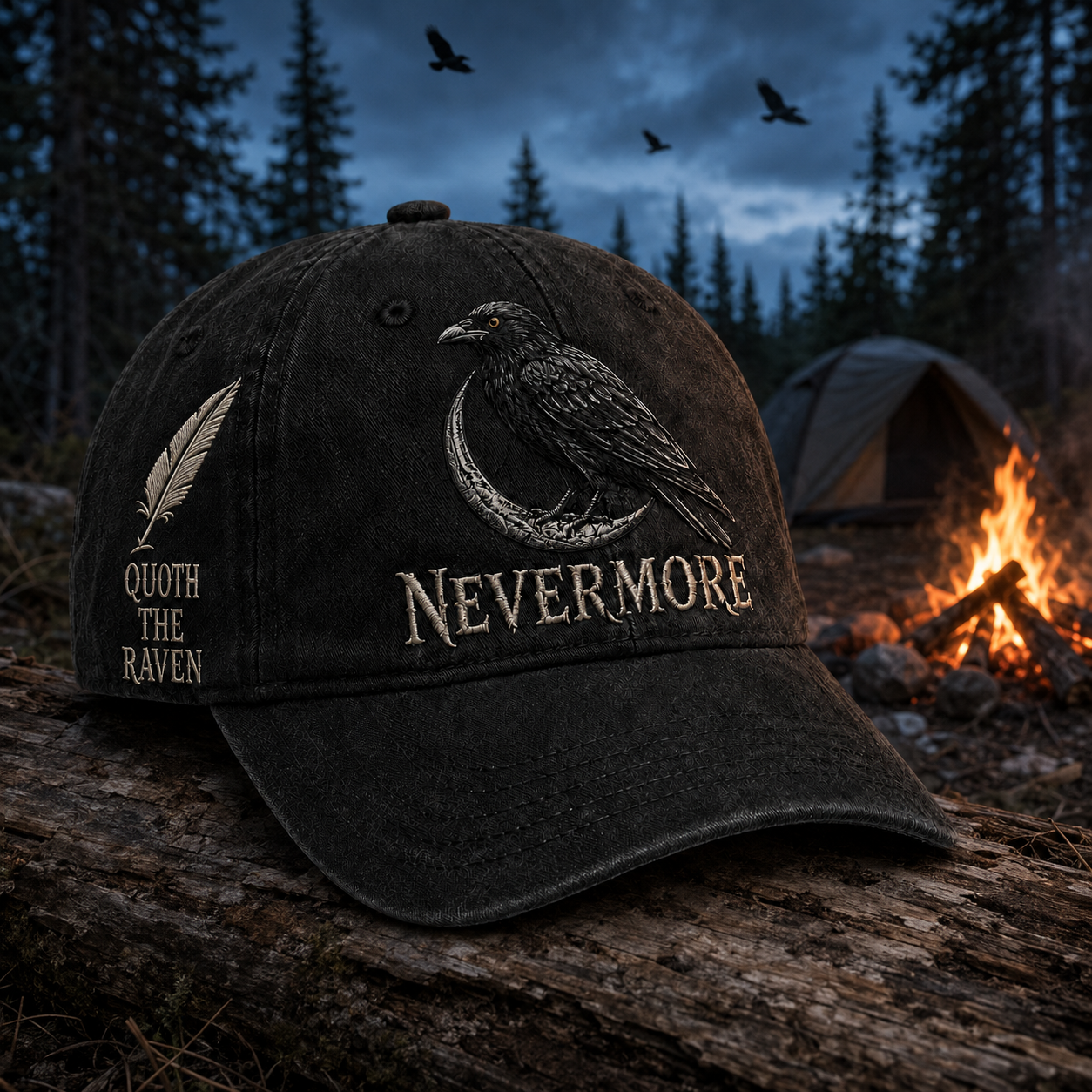 ⬛🐦Nevermore Embroidered Raven Vintage Cap | Gothic Bird Lover Hat-HandPrint