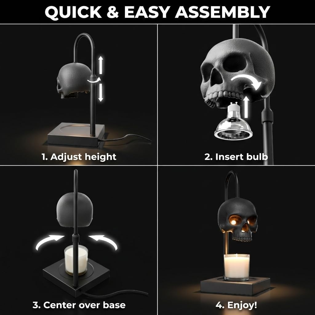 💀Skull Candle Warmer Lamp with Timer and Dimmer *Candles NOT Included – Black Gothic Candle Lamp Warmer w/Adjustable Height, 2 Light Bulbs-HandPrint