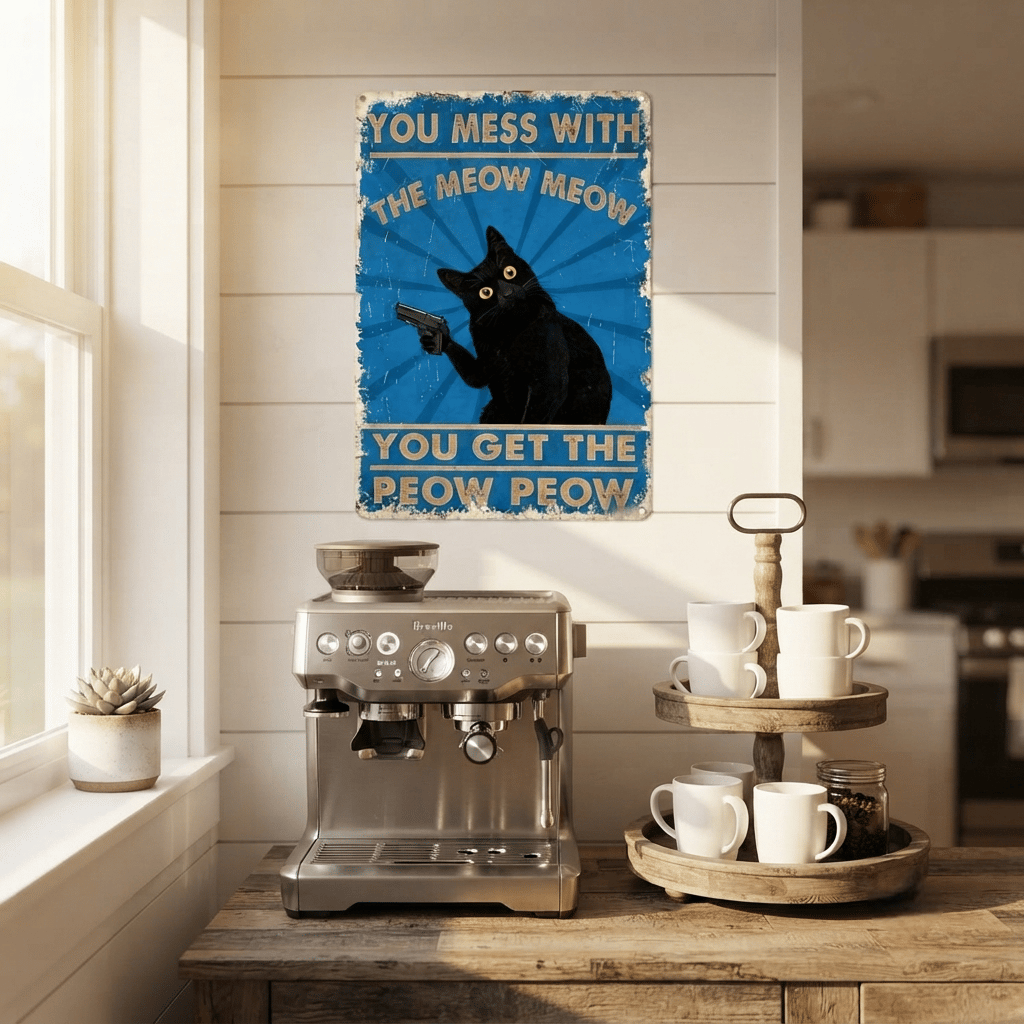 The "Meow Meow Peow Peow" Vintage Black Cat Metal Sign-HandPrint