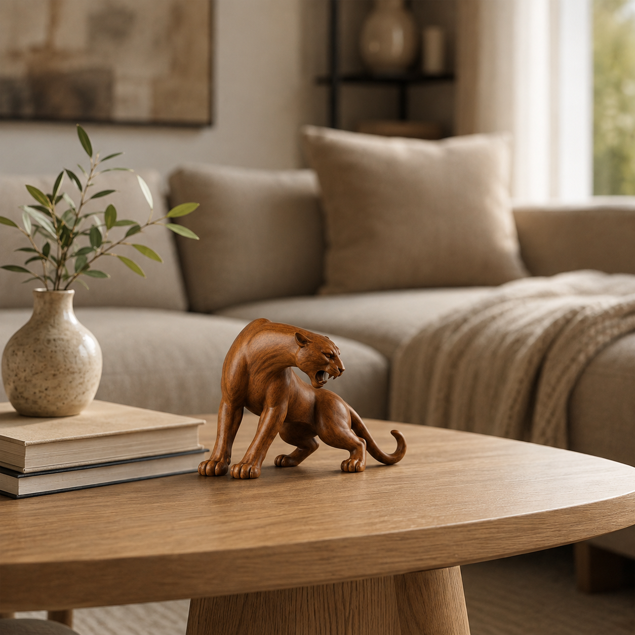 🐆 Wooden Panther Sculpture-HandPrint
