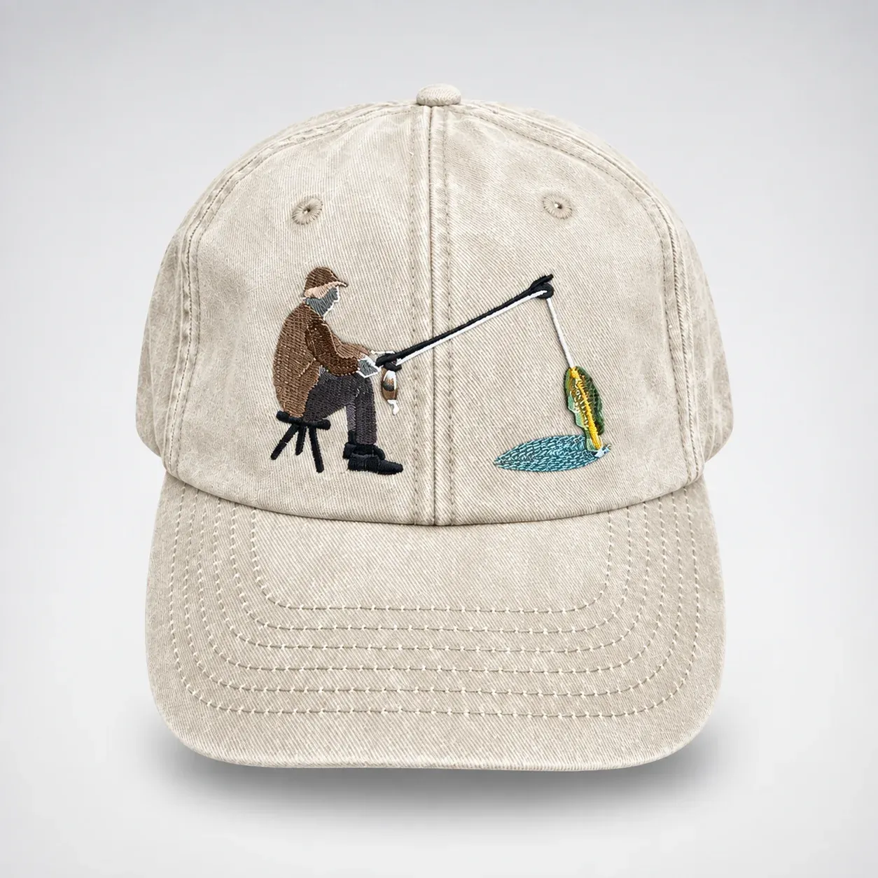 🎣 Interaktive „Fang des Tages“-Angelkappe – Hut mit beweglichem Fisch im Vintage-Waschung-Look-HandPrint