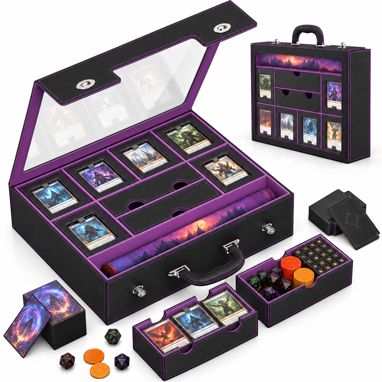 Modular 9-in-1 TCG Deck Box – Holds 6 Decks with Dice Tray, Magnetic Cases, Sleeves & Playmat-HandPrint