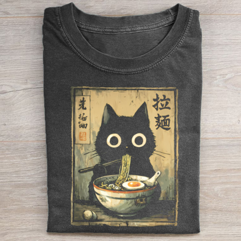 Kawaii Ramen Cat Retro Japanese Noodles Artwork T-shirt-NaturexCraft