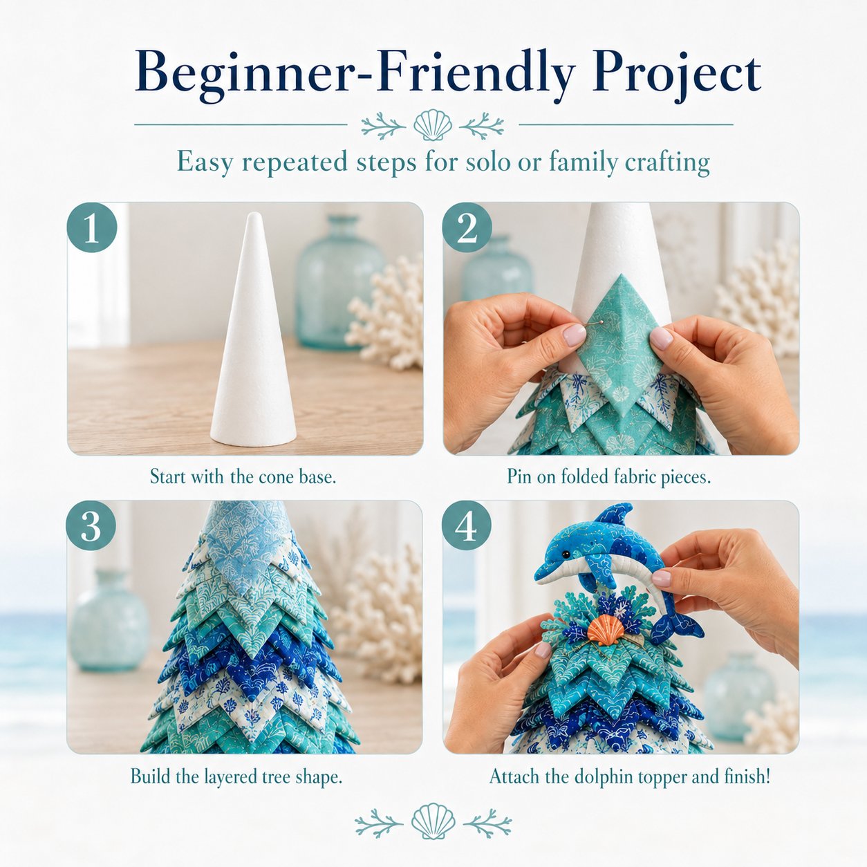 🌊 Ocean Dreams Layered Fabric Tree Craft Kit | Create a Freestanding Coastal Centerpiece with Coordinated Fabrics & Marine Topper 🐚✨-HandPrint