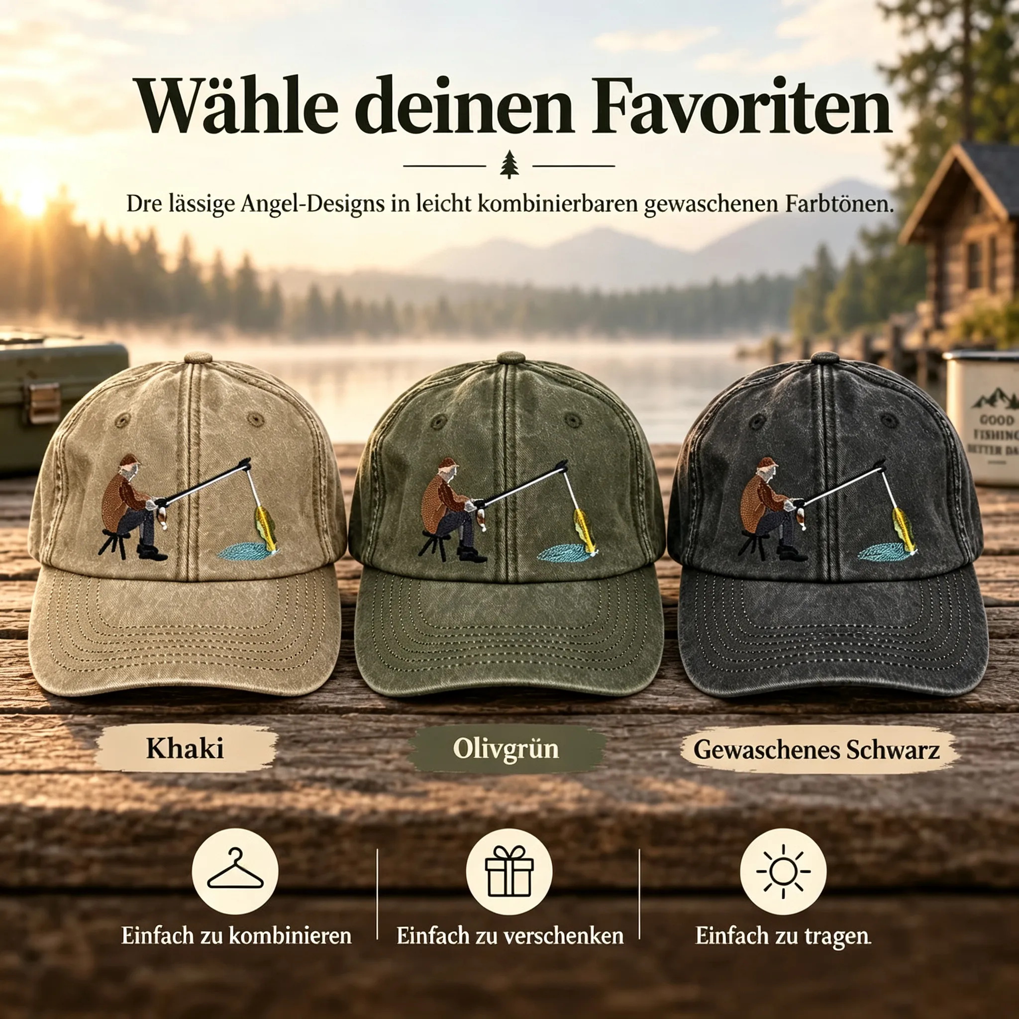 🎣 Interaktive „Fang des Tages“-Angelkappe – Hut mit beweglichem Fisch im Vintage-Waschung-Look-HandPrint