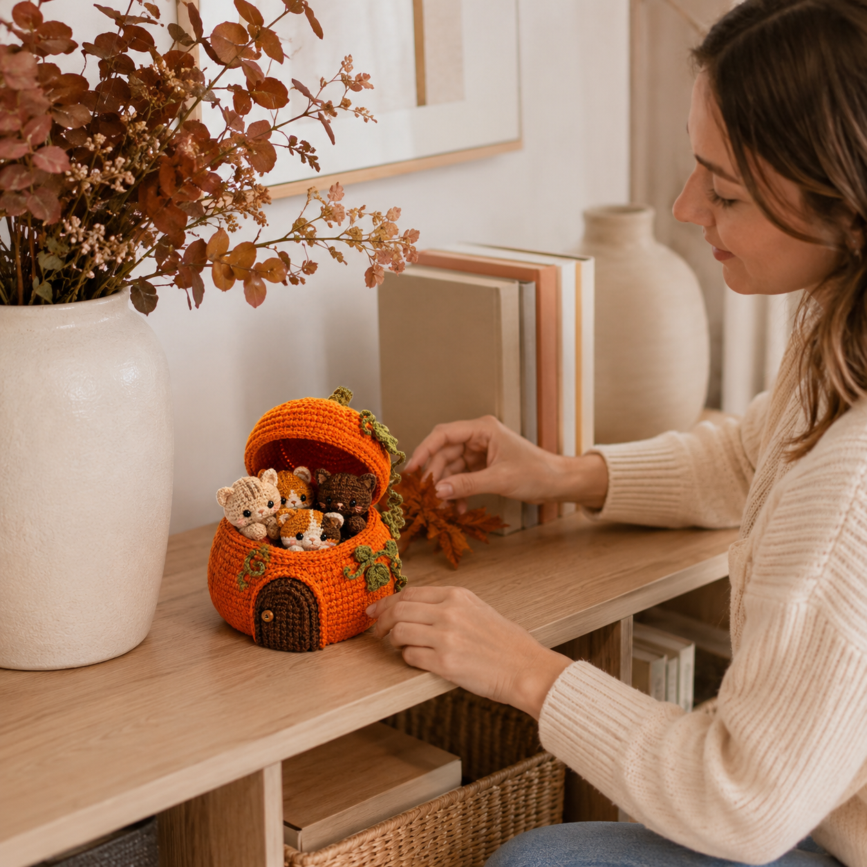 Crochet Pumpkin Cat House with 4 Kittens – Cute Fall & Halloween Home Decor, Cozy Cat Lover Gift 🐱🍂-HandPrint