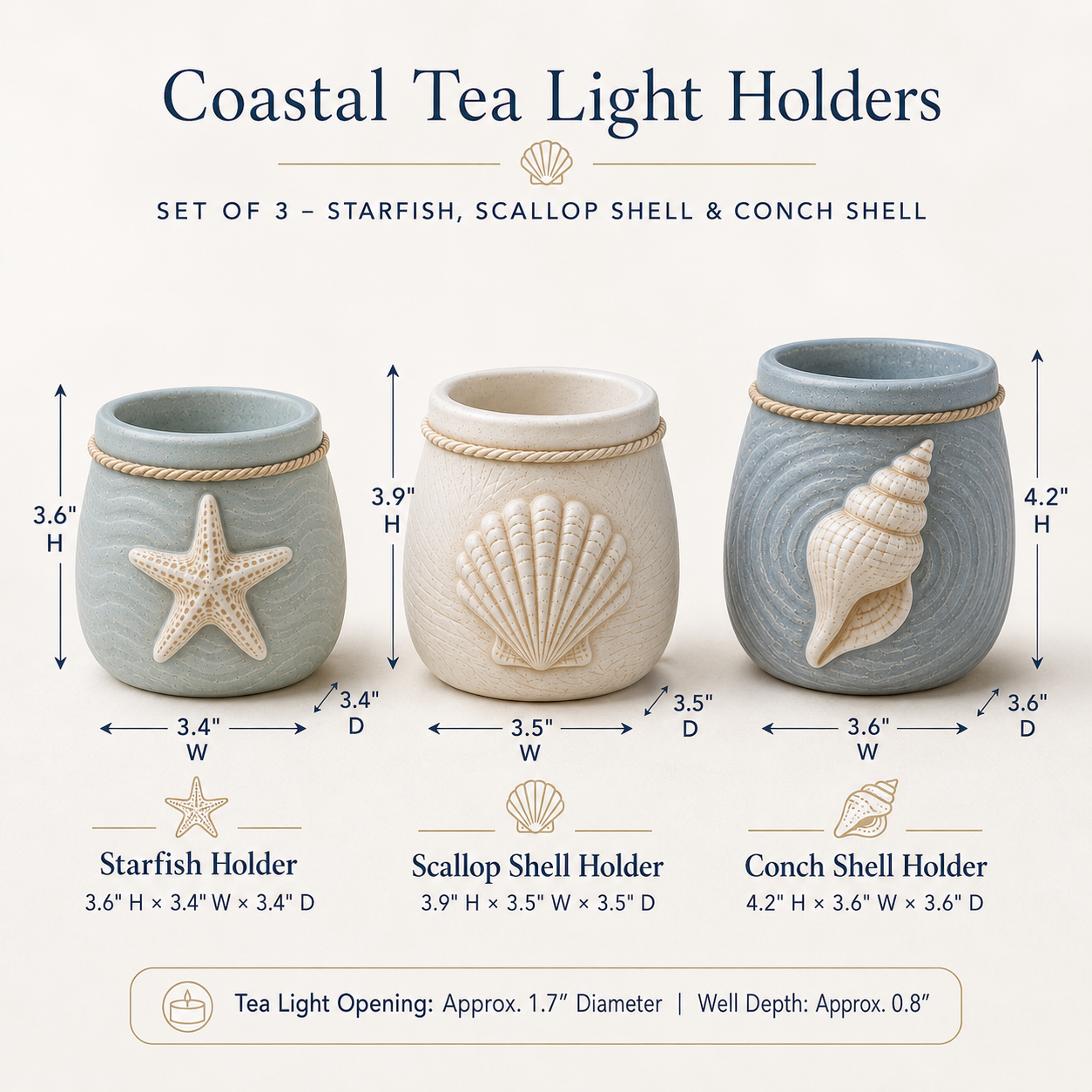 Coastal Tea Light Candle Holders Set of 3-HandPrint