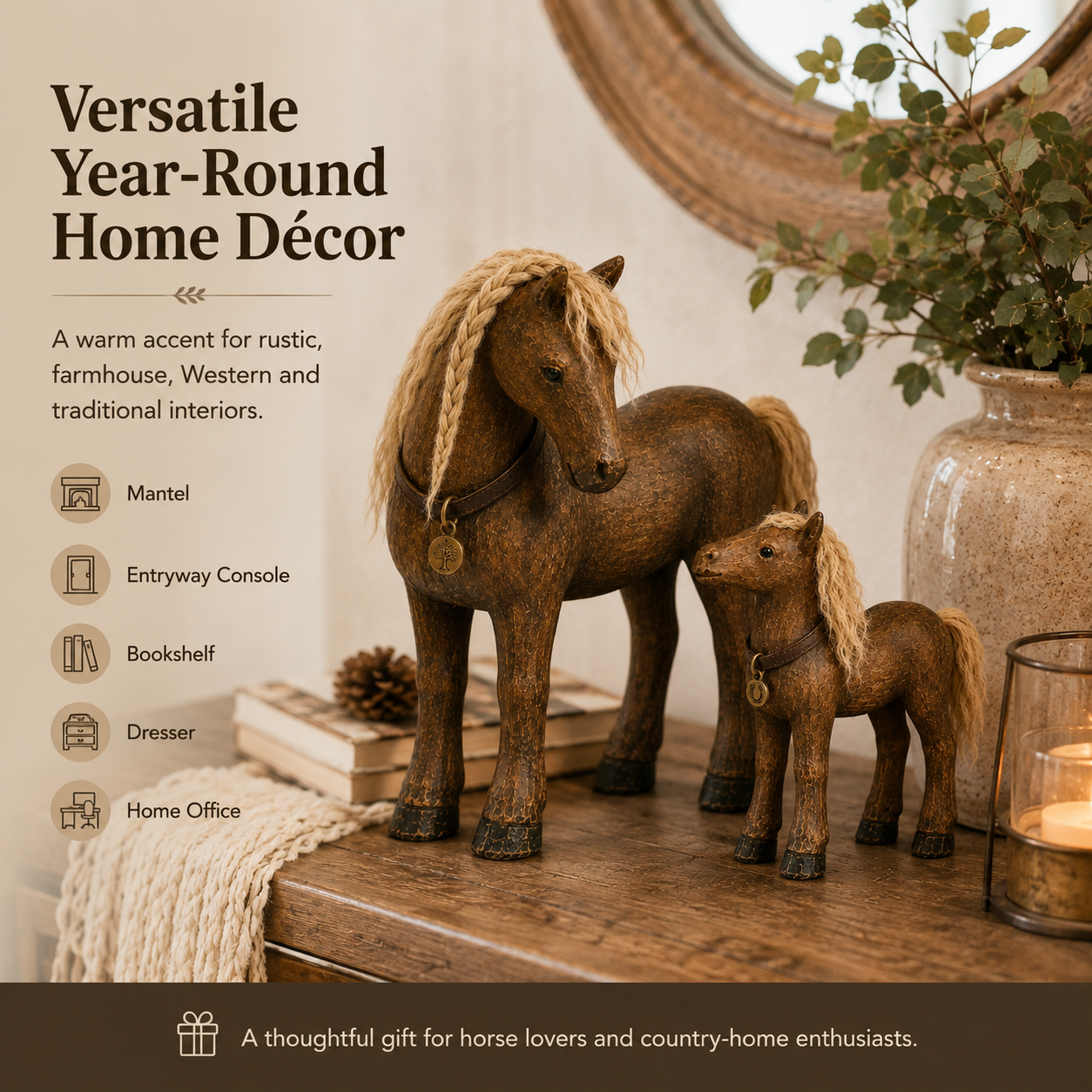 Vintage Mother & Foal Solid Wood Horse Figurine-HandPrint