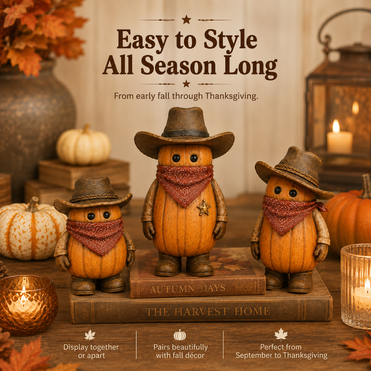 The Pumpkin Posse – Vintage Western Pumpkin Cowboy Figurines, Set of 3-HandPrint