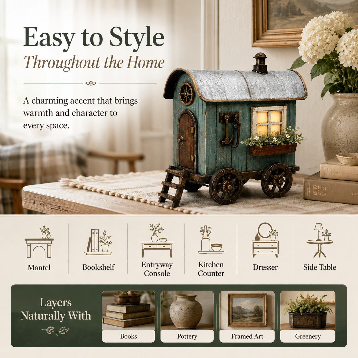 The Wandering Cottage – Lighted Solid Wood Vintage Traveling Cottage Decor-HandPrint