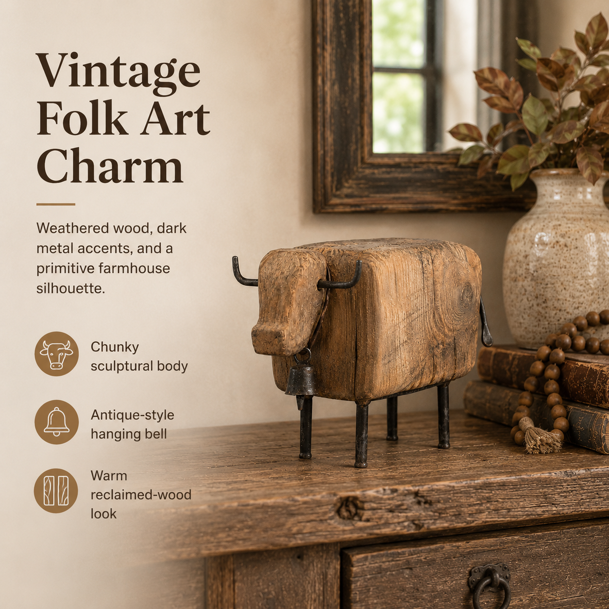 Vintage Wooden Cow Figurine with Metal Bell-HandPrint