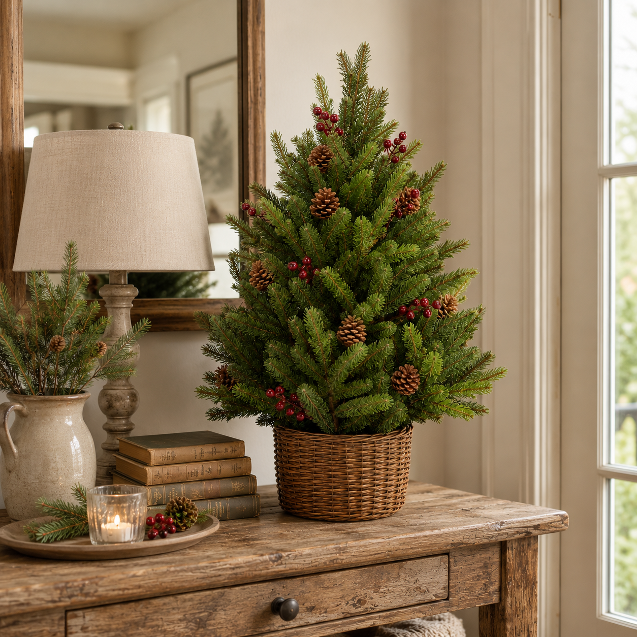 24-Inch Pre-Lit Christmas Tree with Woven Basket-HandPrint