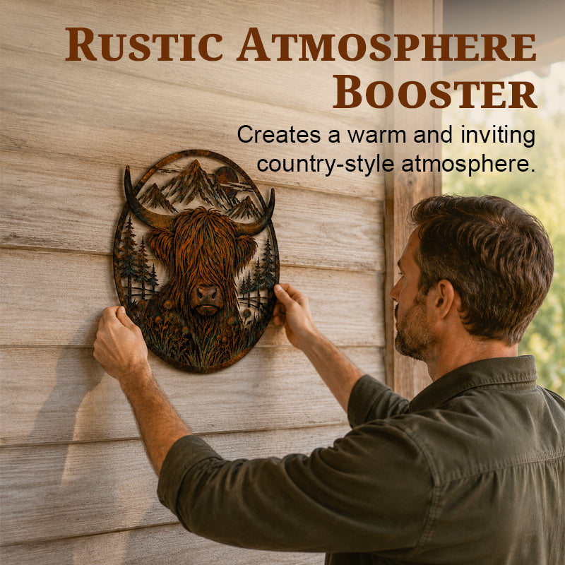 Highland Cow Mountain Scene Metal Wall-HandPrint
