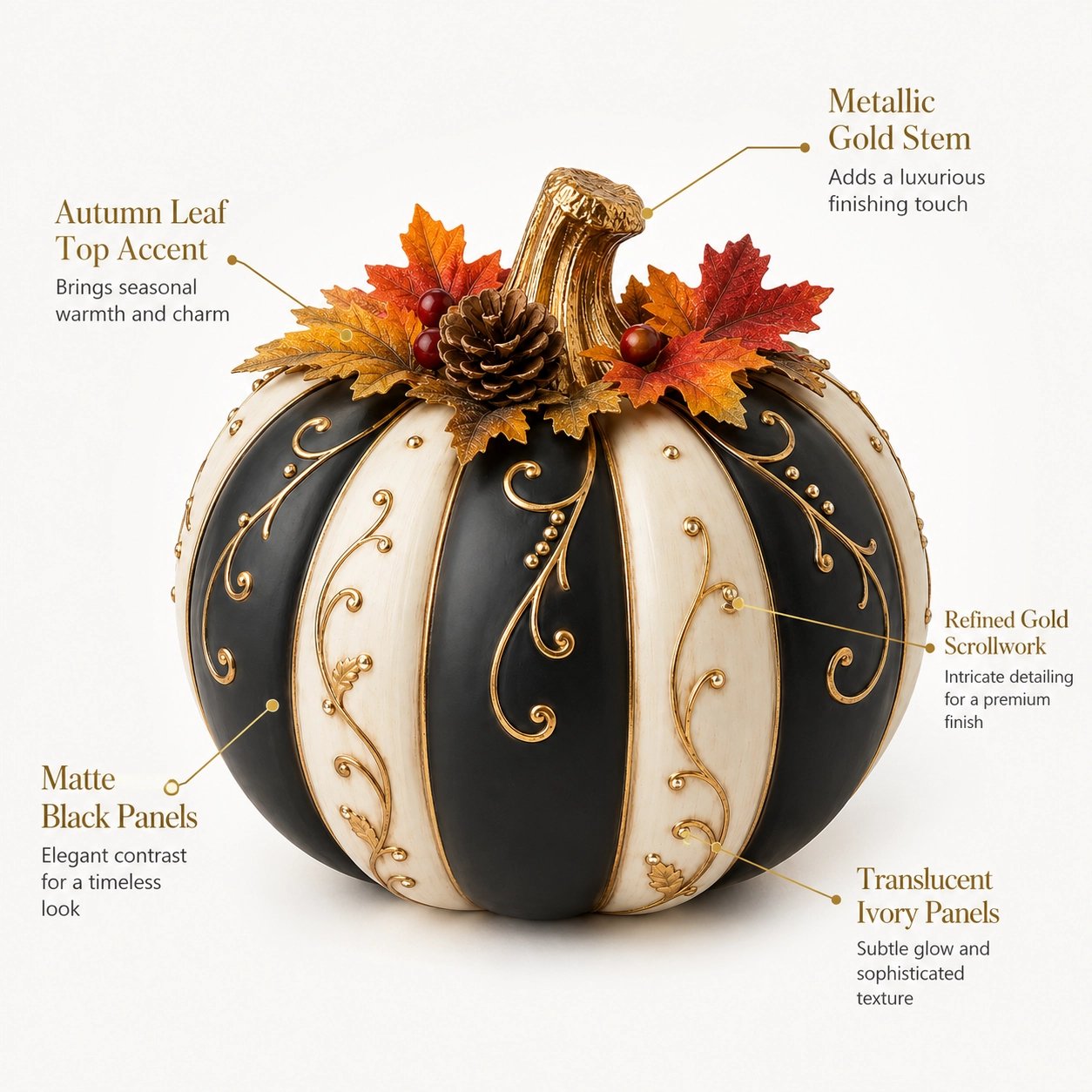 Lighted Black & Ivory Pumpkin Decor with Remote-HandPrint