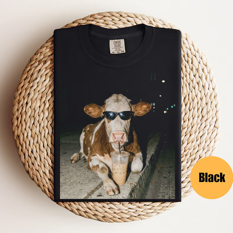 Cow Drinking Iced Coffee T-shirt-NaturexCraft