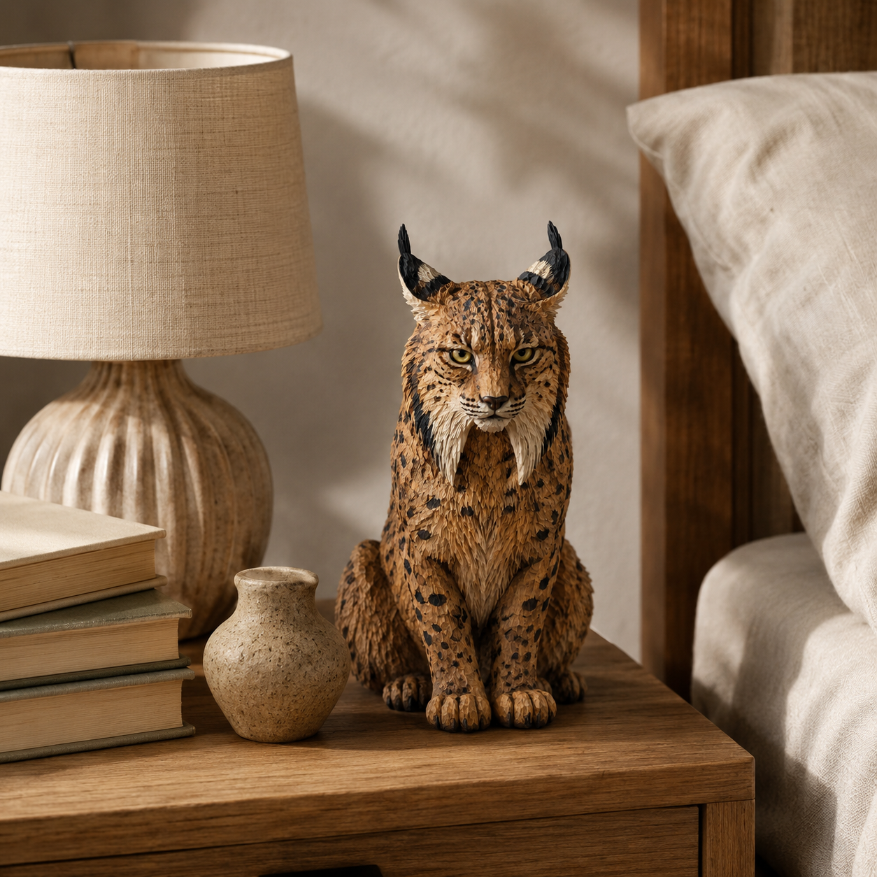 🐾 Hand-Carved Wooden Lynx Sculpture-HandPrint
