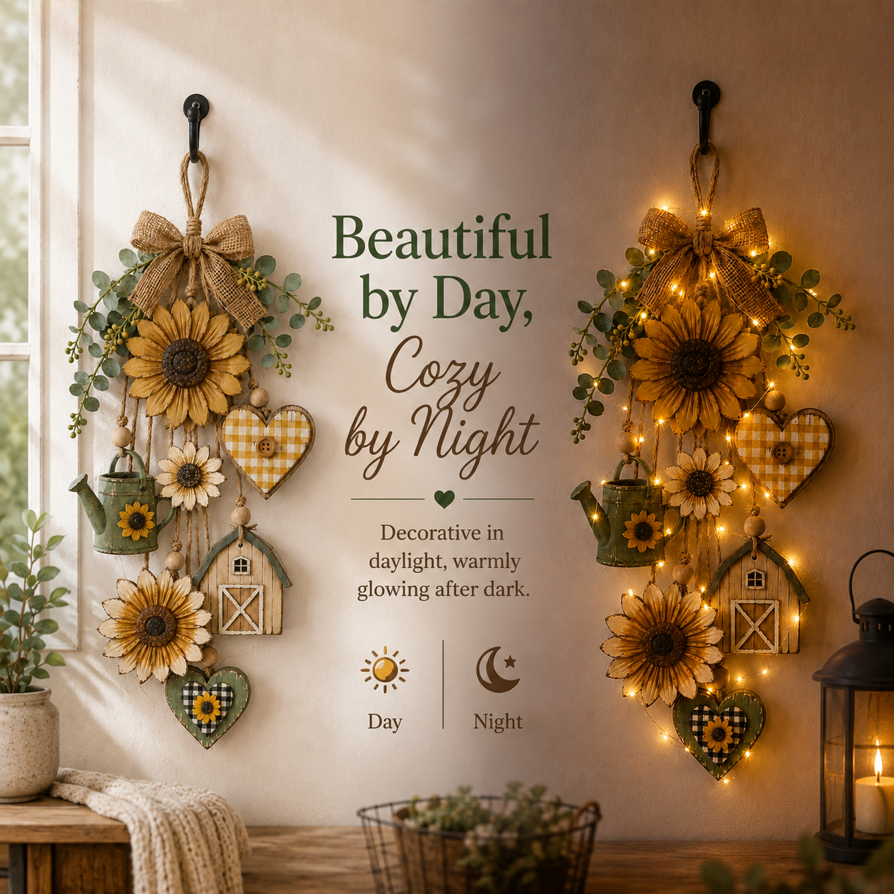 Rustic Wooden Garden-Themed Hanging Ornament with Remote Control Fairy Lights-HandPrint