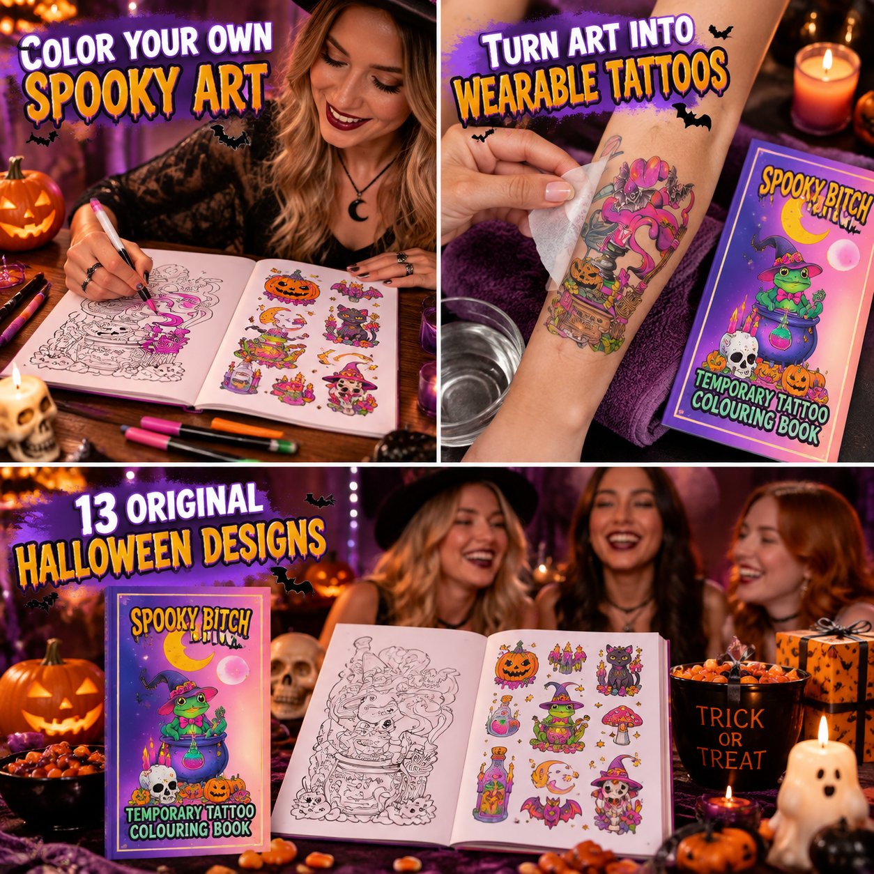 🎃 Spooky Bitch Temporary Tattoo Colouring Book | 13 Witchy Halloween Designs with Colour-Your-Own Pages & Ready-to-Wear Temporary Tattoos 🐸✨-HandPrint