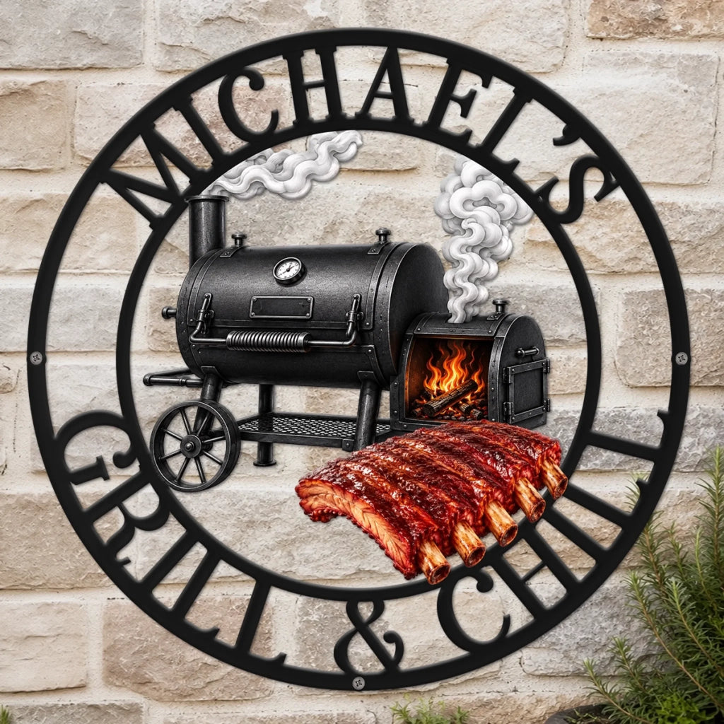Custom BBQ Shaped Metal Sign - Personalized Grilling Gifts For BBQ Lovers, Husband, Son, Grandson, Brother, Grandpa, Dad, Yourself - Smoke Fire Good Times-HandPrint