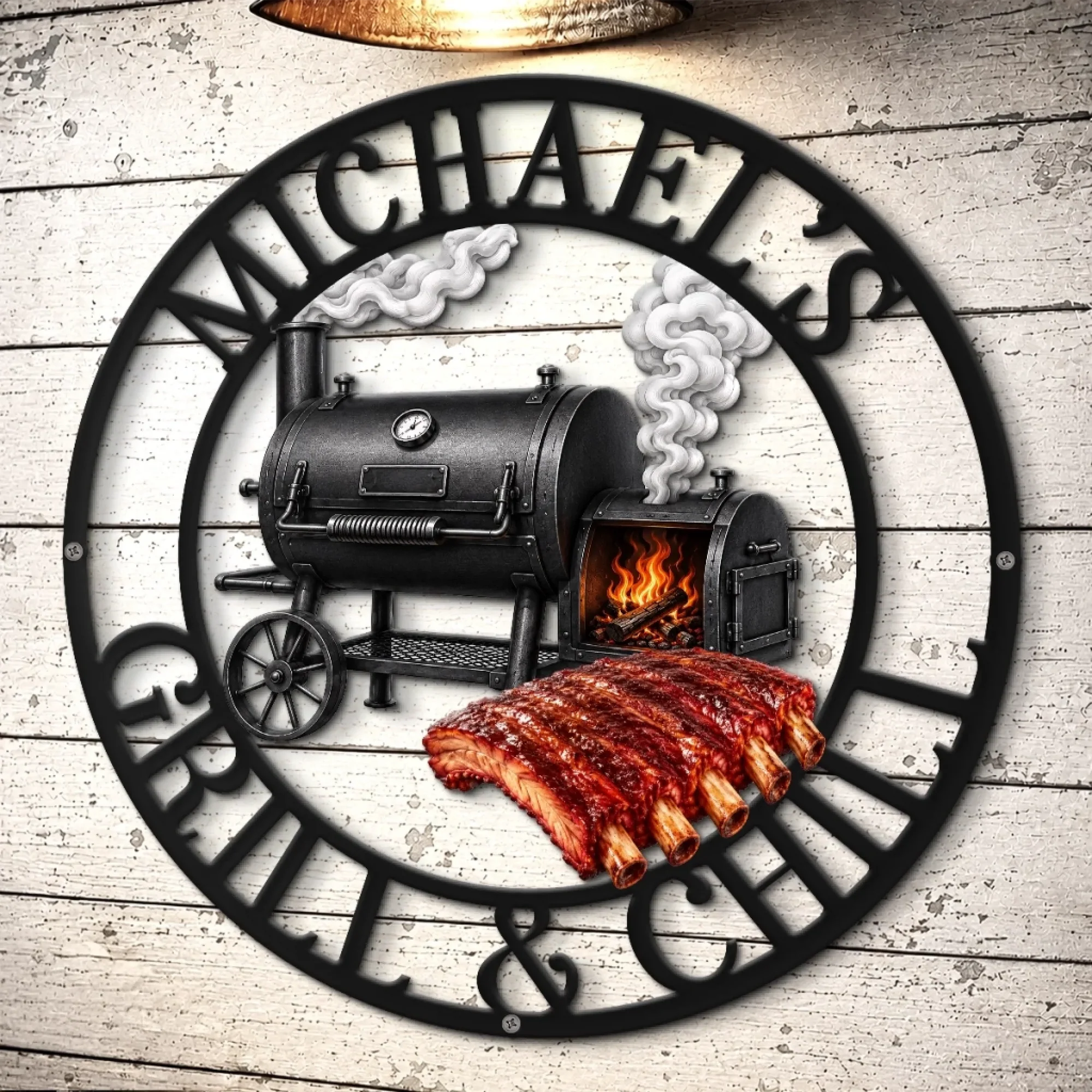 Custom BBQ Shaped Metal Sign - Personalized Grilling Gifts For BBQ Lovers, Husband, Son, Grandson, Brother, Grandpa, Dad, Yourself - Smoke Fire Good Times-HandPrint