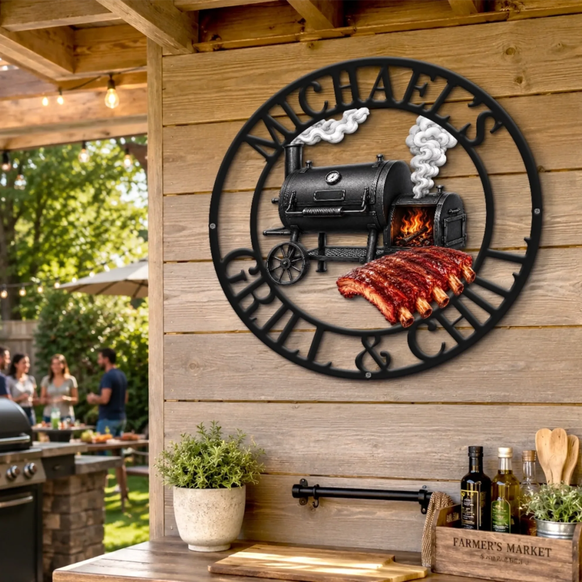 Custom BBQ Shaped Metal Sign - Personalized Grilling Gifts For BBQ Lovers, Husband, Son, Grandson, Brother, Grandpa, Dad, Yourself - Smoke Fire Good Times-HandPrint
