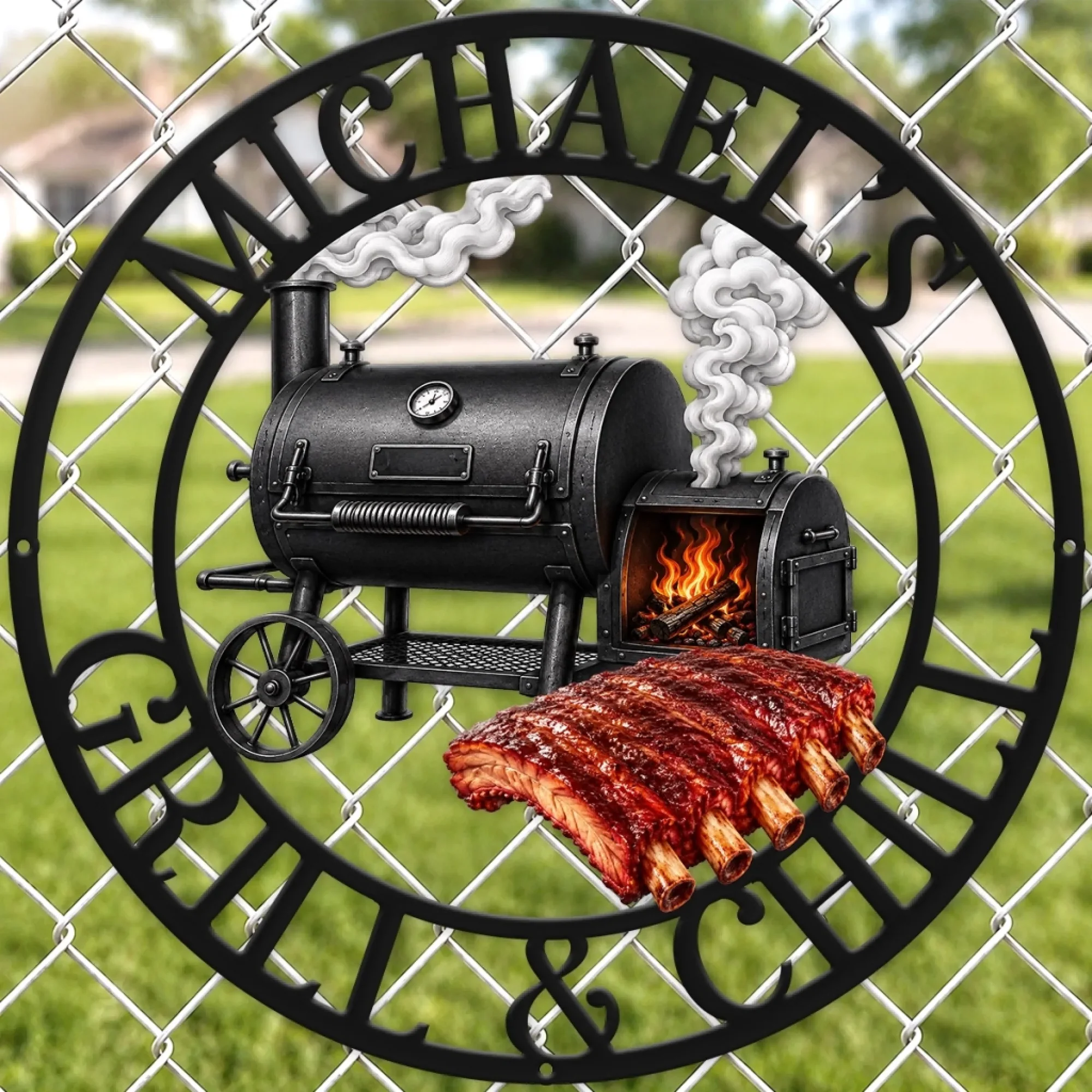 Custom BBQ Shaped Metal Sign - Personalized Grilling Gifts For BBQ Lovers, Husband, Son, Grandson, Brother, Grandpa, Dad, Yourself - Smoke Fire Good Times-HandPrint