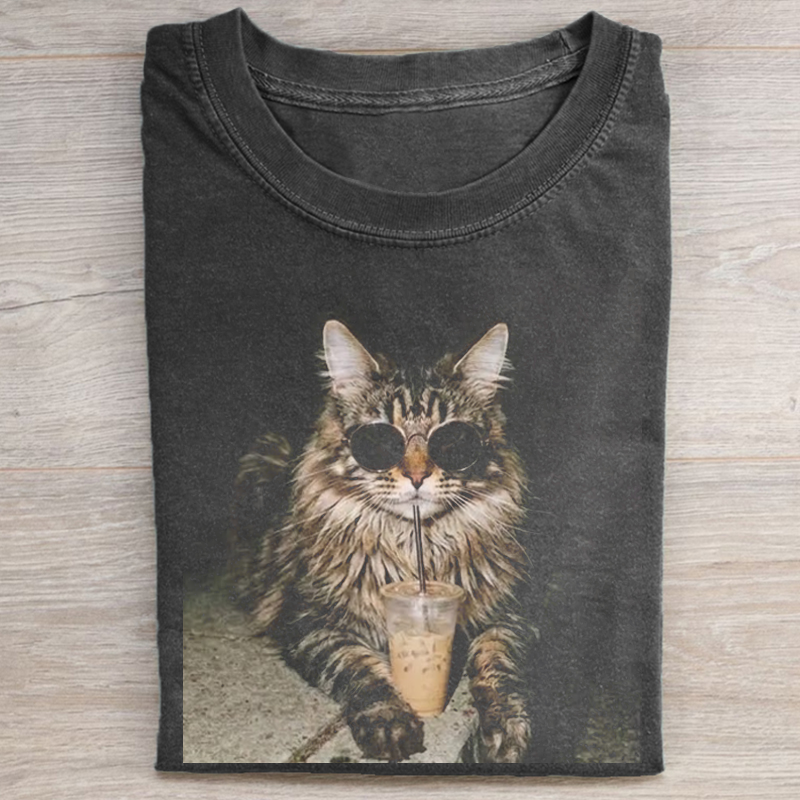 Maine Coon Cat Drinking Iced Coffee Graphic Unisex T-shirt-NaturexCraft