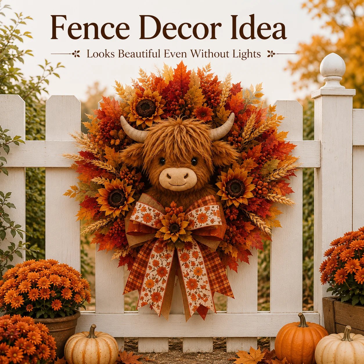 🍂🐮Autumn Highland cow wreath decoration with lights-HandPrint