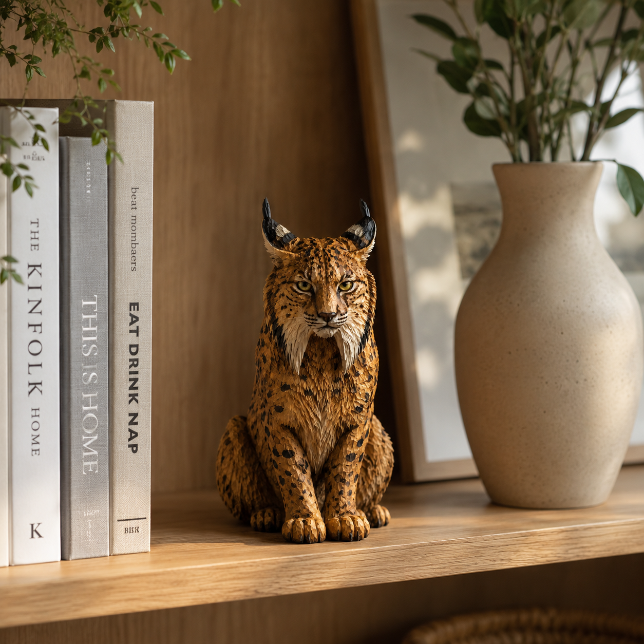 🐾 Hand-Carved Wooden Lynx Sculpture-HandPrint