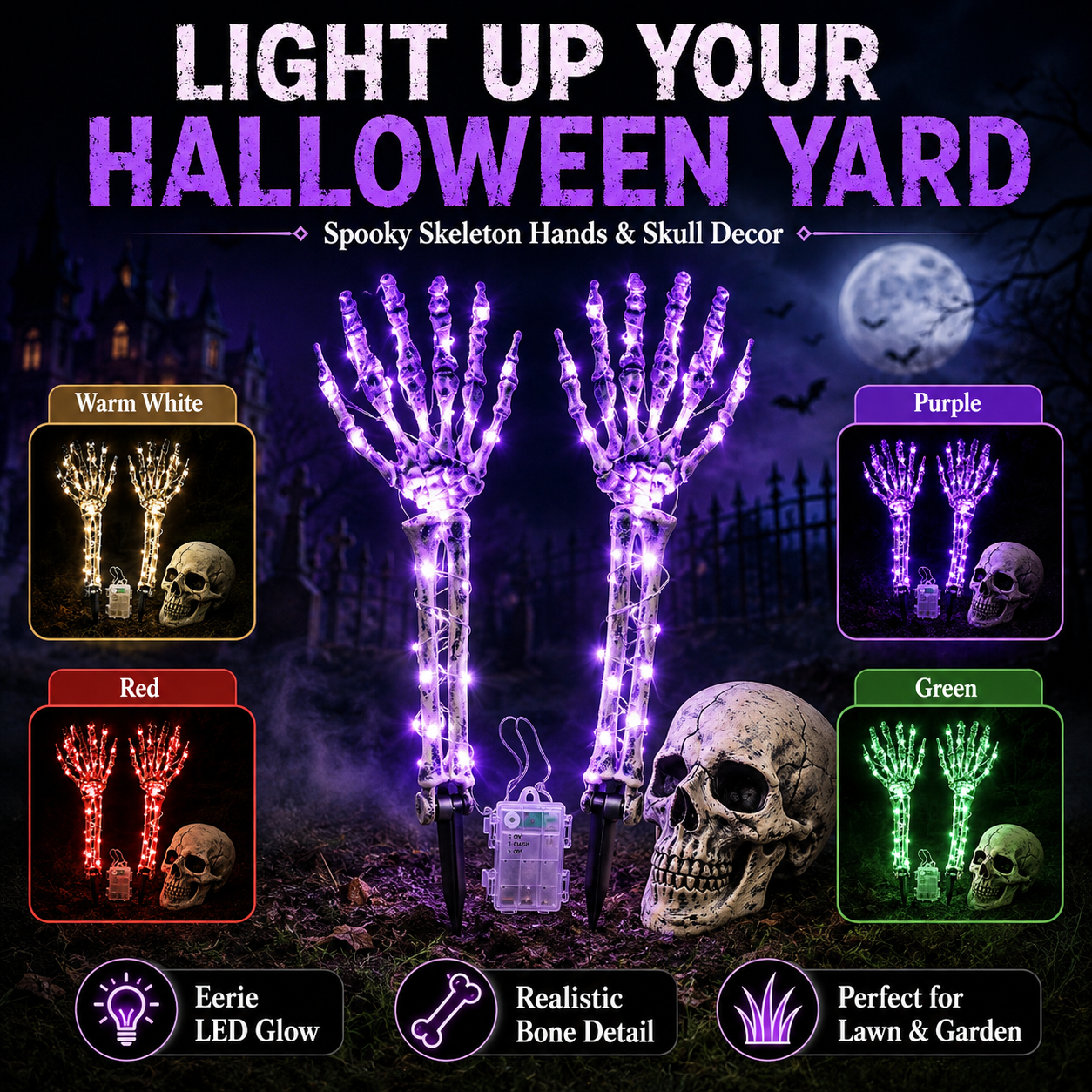 Halloween Skeleton Hands & Skull LED Yard Stakes-HandPrint