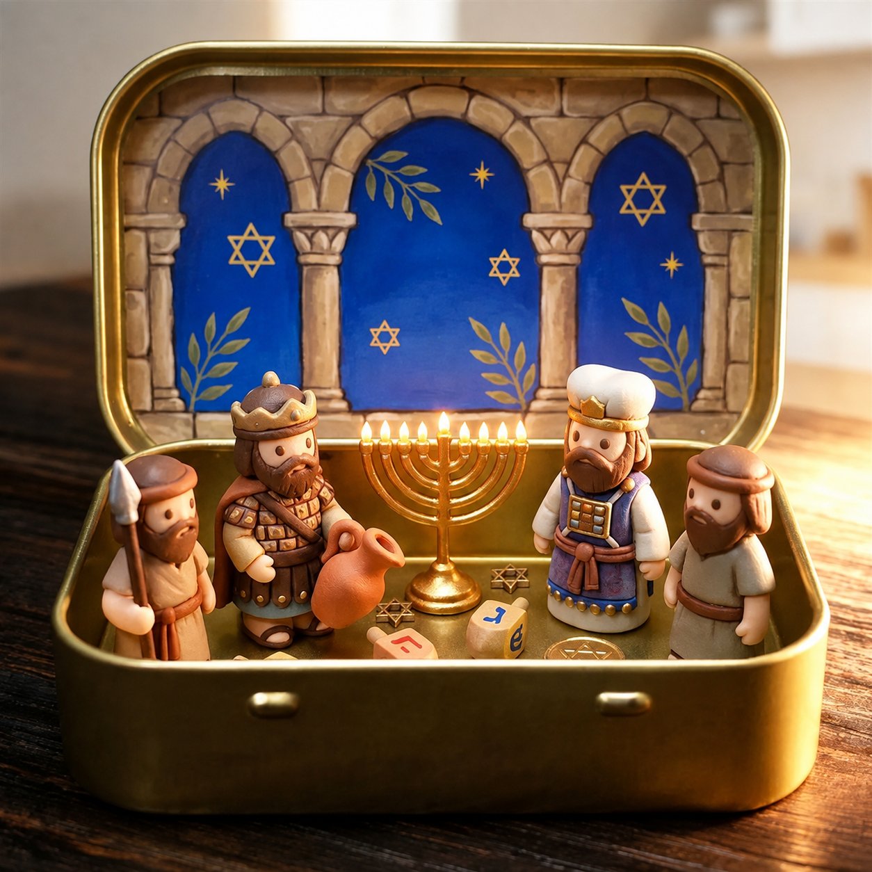 Council by Candlelight - A Miniature Hanukkah Menorah Diorama in a Golden Keepsake Tin-HandPrint