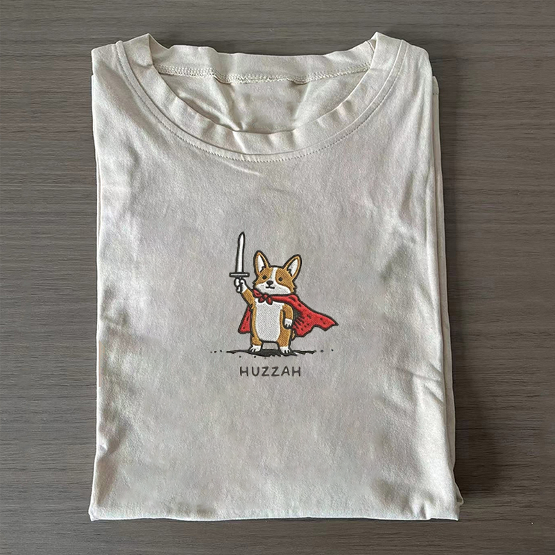 Embroidered Huzzah Corgi T-shirt-NaturexCraft