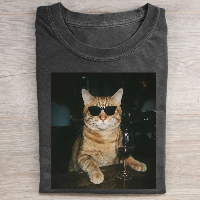 Funny Tabby Cat Drinking Wine T-shirt-NaturexCraft