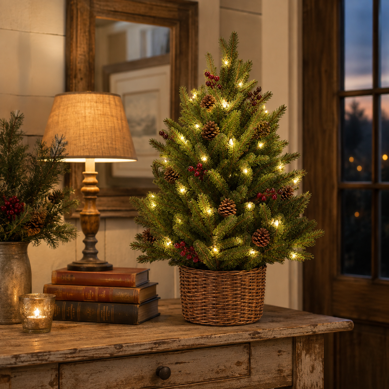 24-Inch Pre-Lit Christmas Tree with Woven Basket-HandPrint