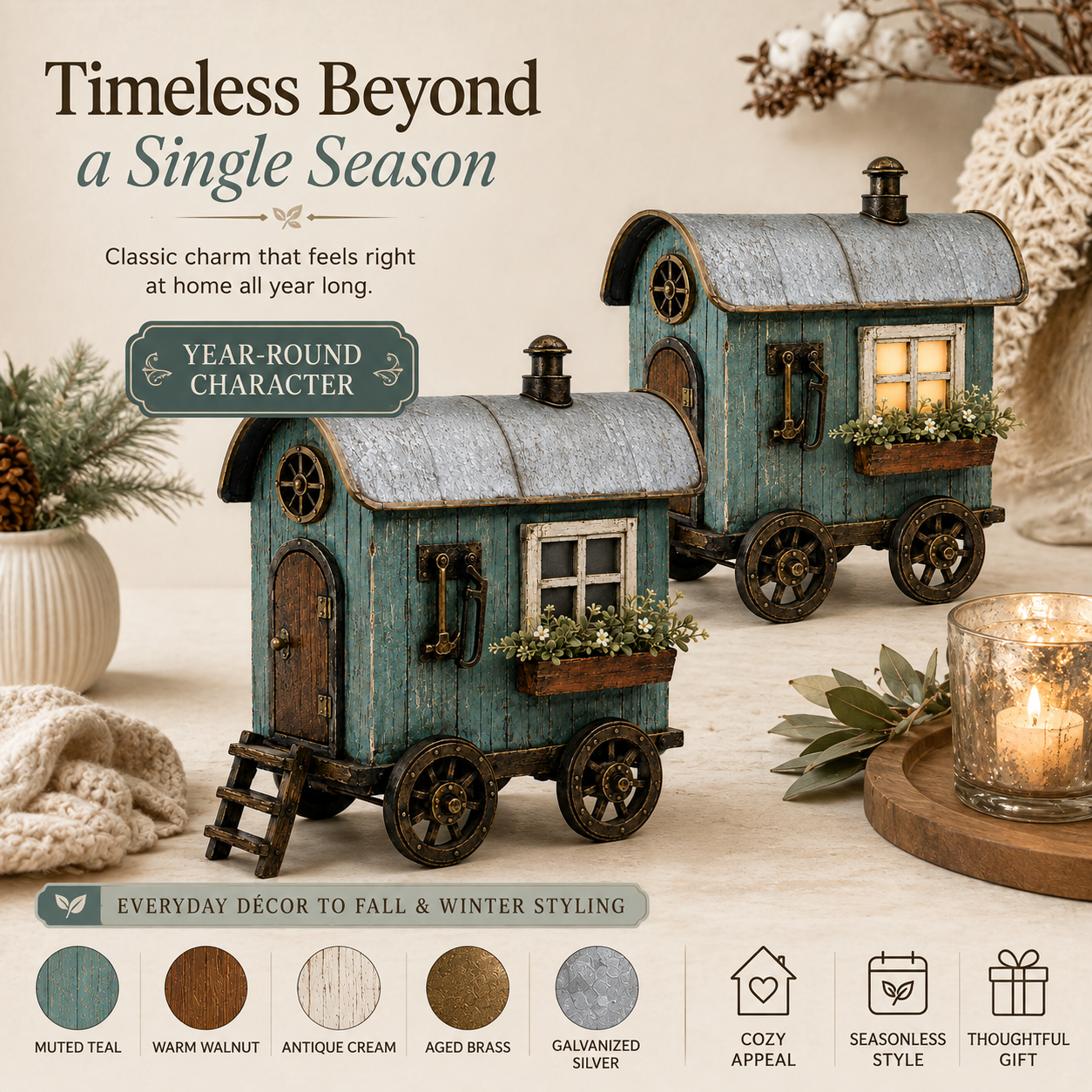 The Wandering Cottage – Lighted Solid Wood Vintage Traveling Cottage Decor-HandPrint
