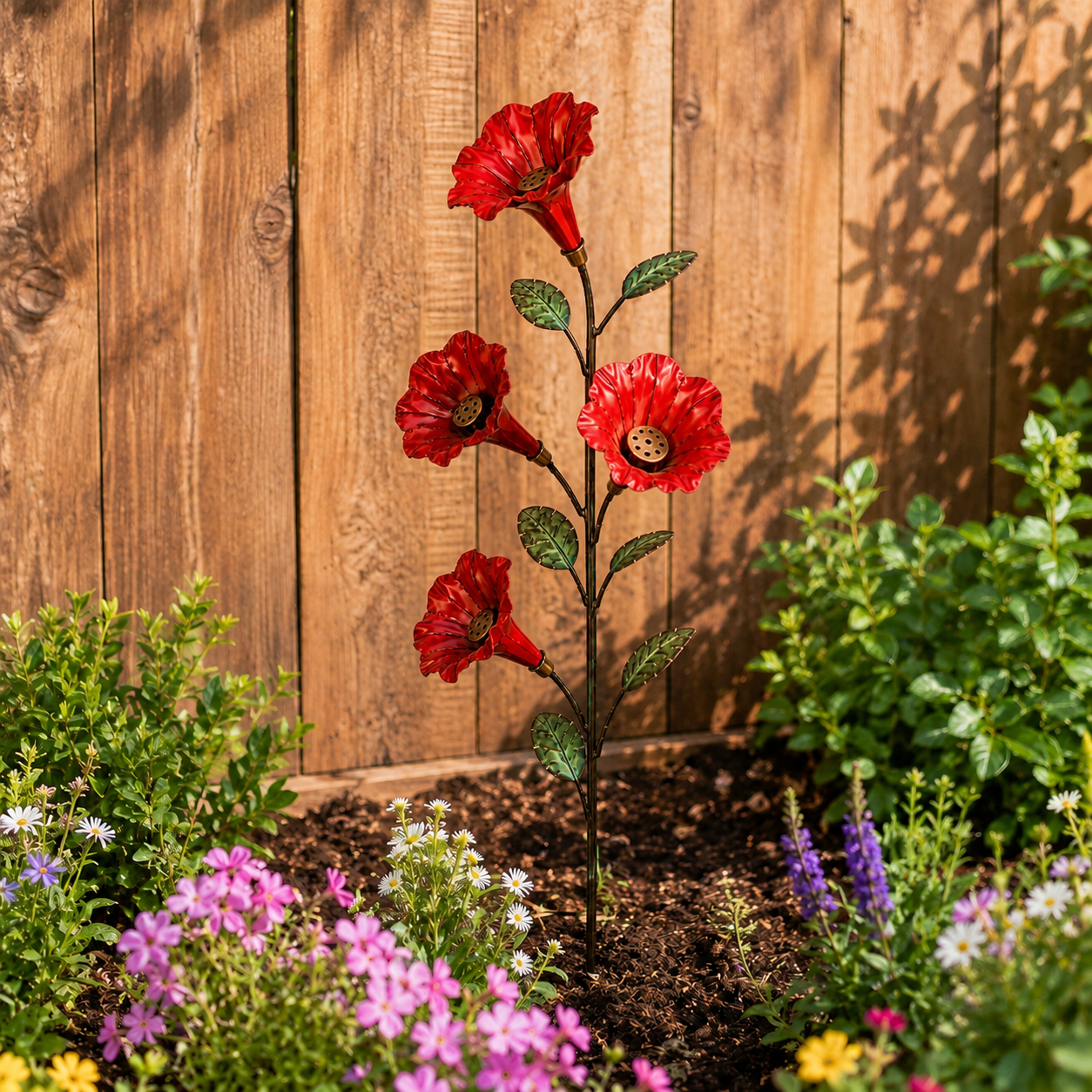Vintage Red Flower Hummingbird Feeder Garden Stake-HandPrint