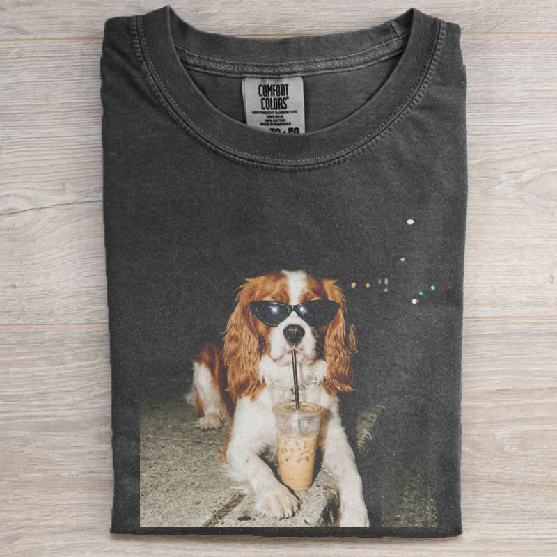 Cavalier King Charles Spaniel Drinking Iced Coffee T-shirt-NaturexCraft