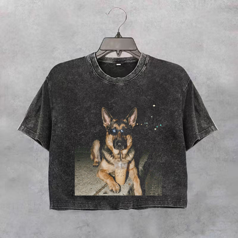 German Shepherd Drinking Iced Coffee Cropped T-shirt-NaturexCraft