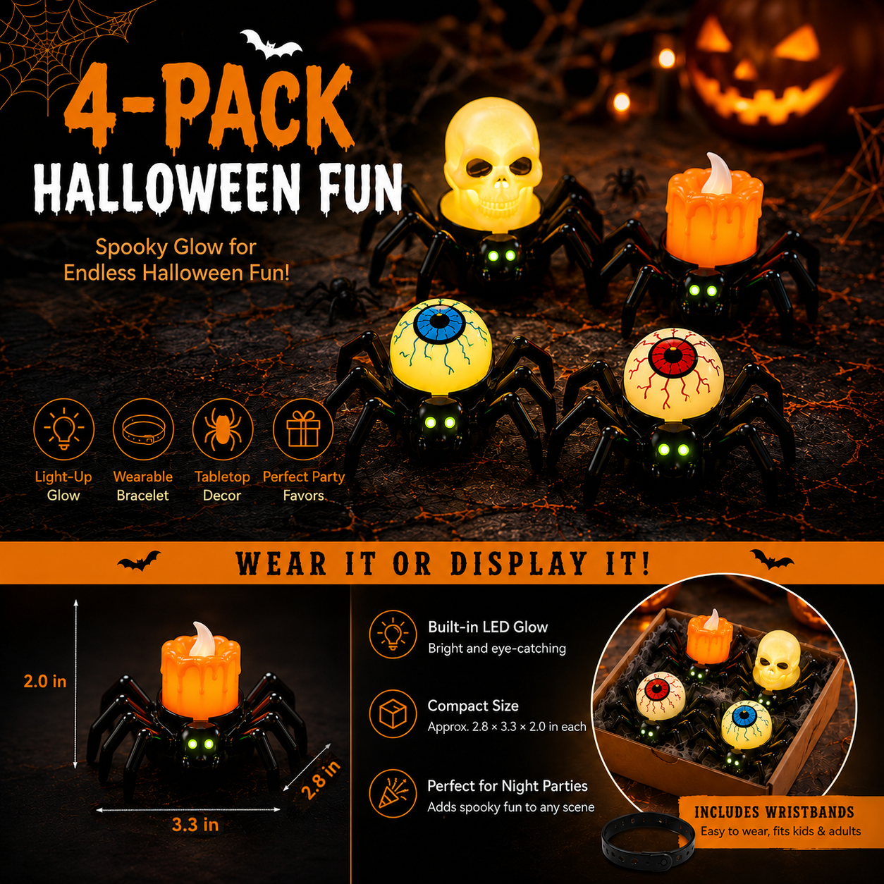 4-Pack Light-Up Spider Halloween Bracelets & Table Decor Set-HandPrint