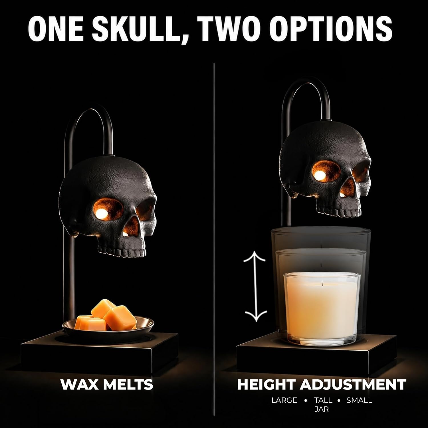 💀Skull Candle Warmer Lamp with Timer and Dimmer *Candles NOT Included – Black Gothic Candle Lamp Warmer w/Adjustable Height, 2 Light Bulbs-HandPrint