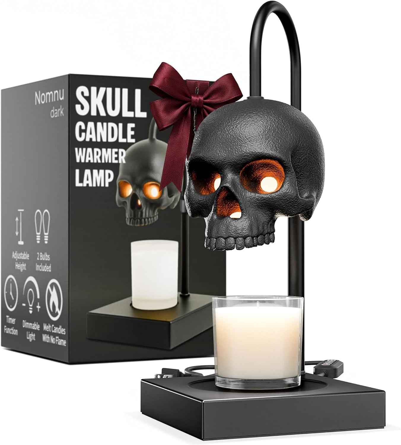 💀Skull Candle Warmer Lamp with Timer and Dimmer *Candles NOT Included – Black Gothic Candle Lamp Warmer w/Adjustable Height, 2 Light Bulbs-HandPrint