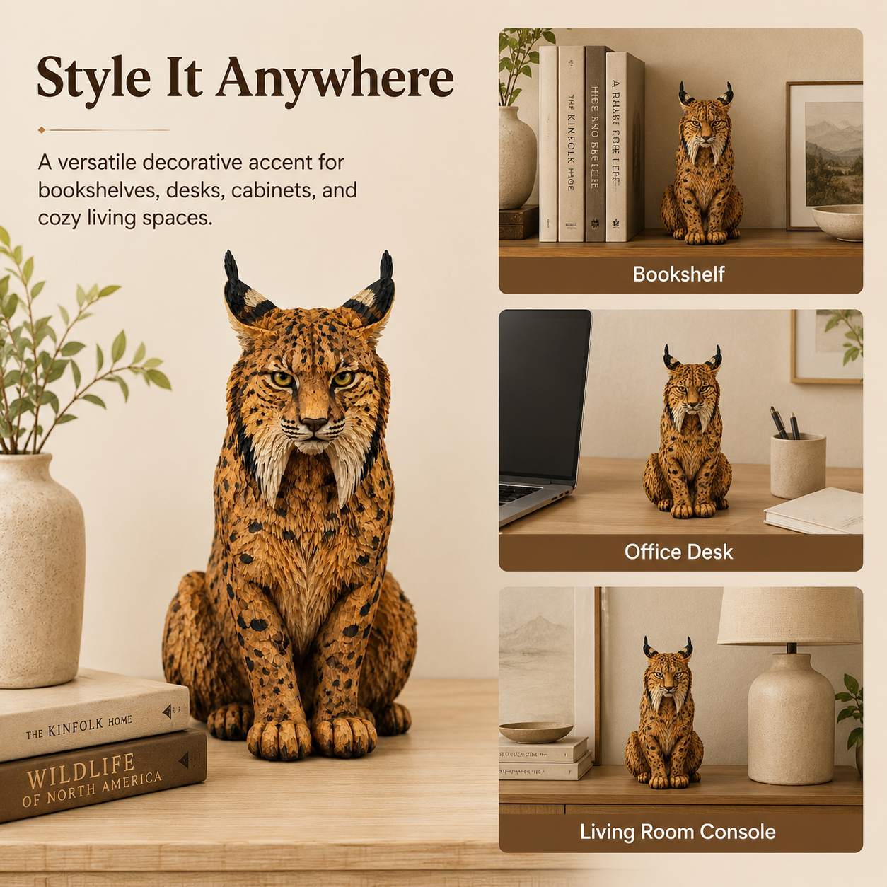 🐾 Hand-Carved Wooden Lynx Sculpture-HandPrint