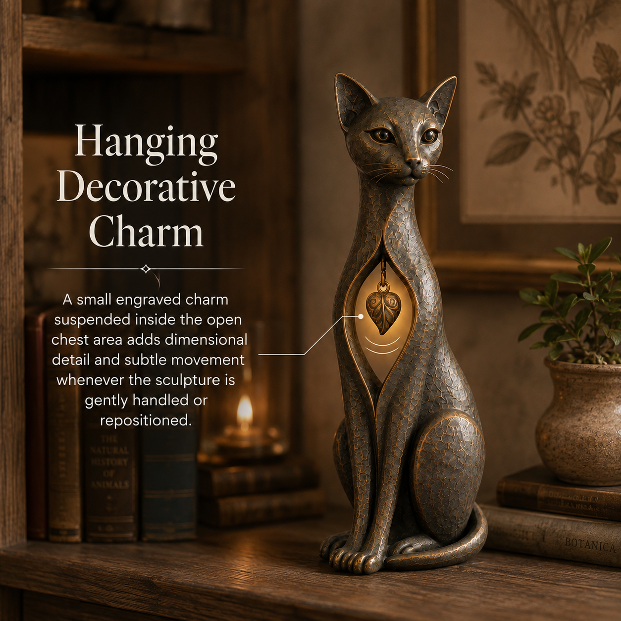 Vintage Bronze Cat Sculpture with Hanging Leaf Charm-HandPrint