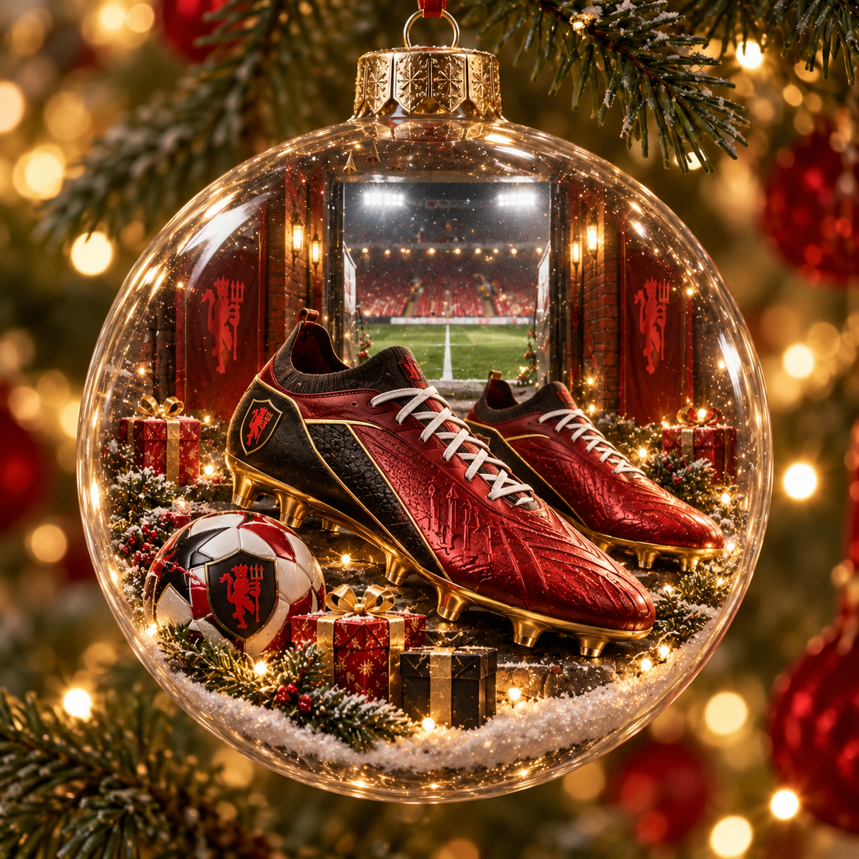 🎄 United in Red — Light-Up Football Heritage Diorama Ornament-HandPrint