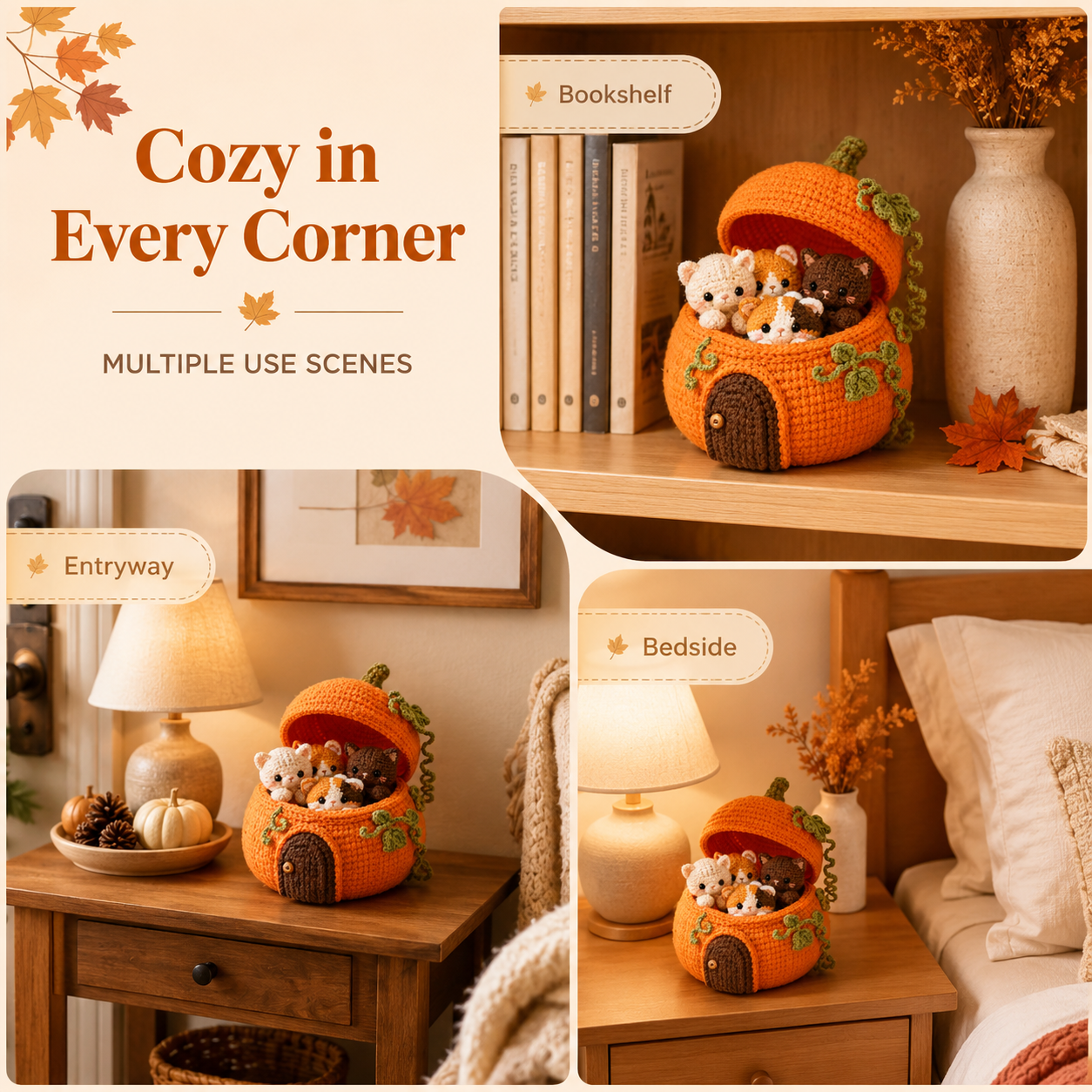 Crochet Pumpkin Cat House with 4 Kittens – Cute Fall & Halloween Home Decor, Cozy Cat Lover Gift 🐱🍂-HandPrint
