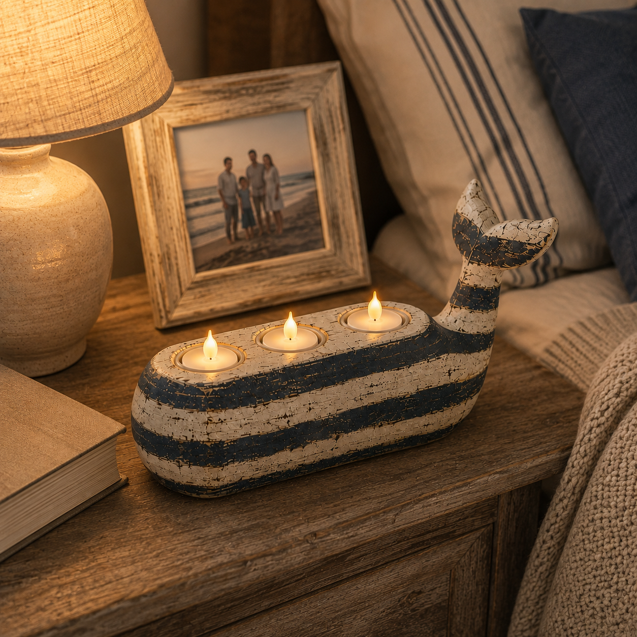 Vintage Coastal Whale Remote-Control LED Tealight Holder-HandPrint