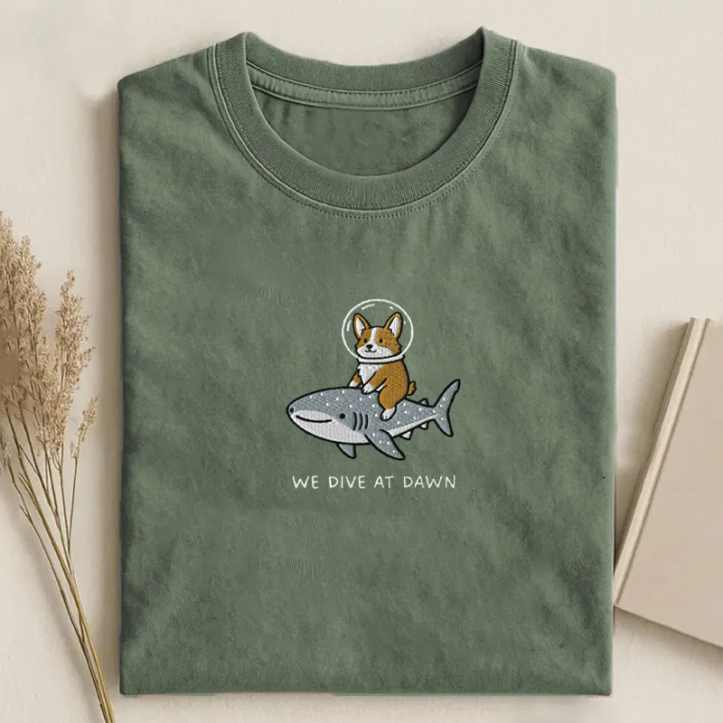 Embroidered Corgi Whale Shark T-shirt-NaturexCraft